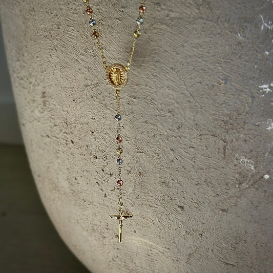 Modern three tone cross religious rosary bead necklace with gold, silver, rose gold