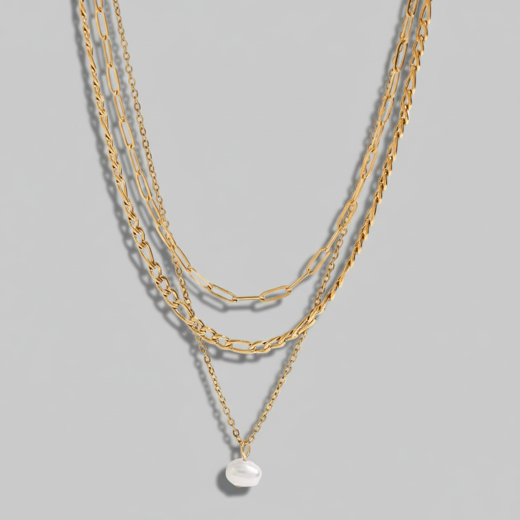 ‘Tiana’ 3 layer pearl stack necklace Gold