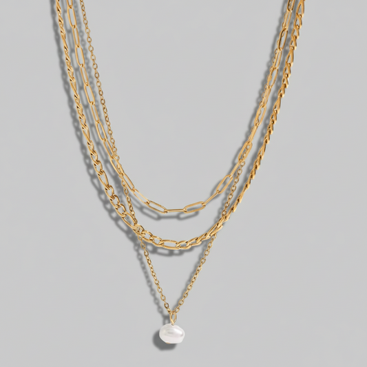 ‘Tiana’ 3 layer pearl stack necklace Gold