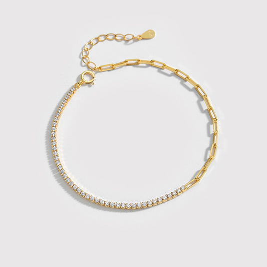 Gold bracelet, half clear diamonds tennis bracelet and half paper clip chain, made with 925 sterling silver, waterproof 